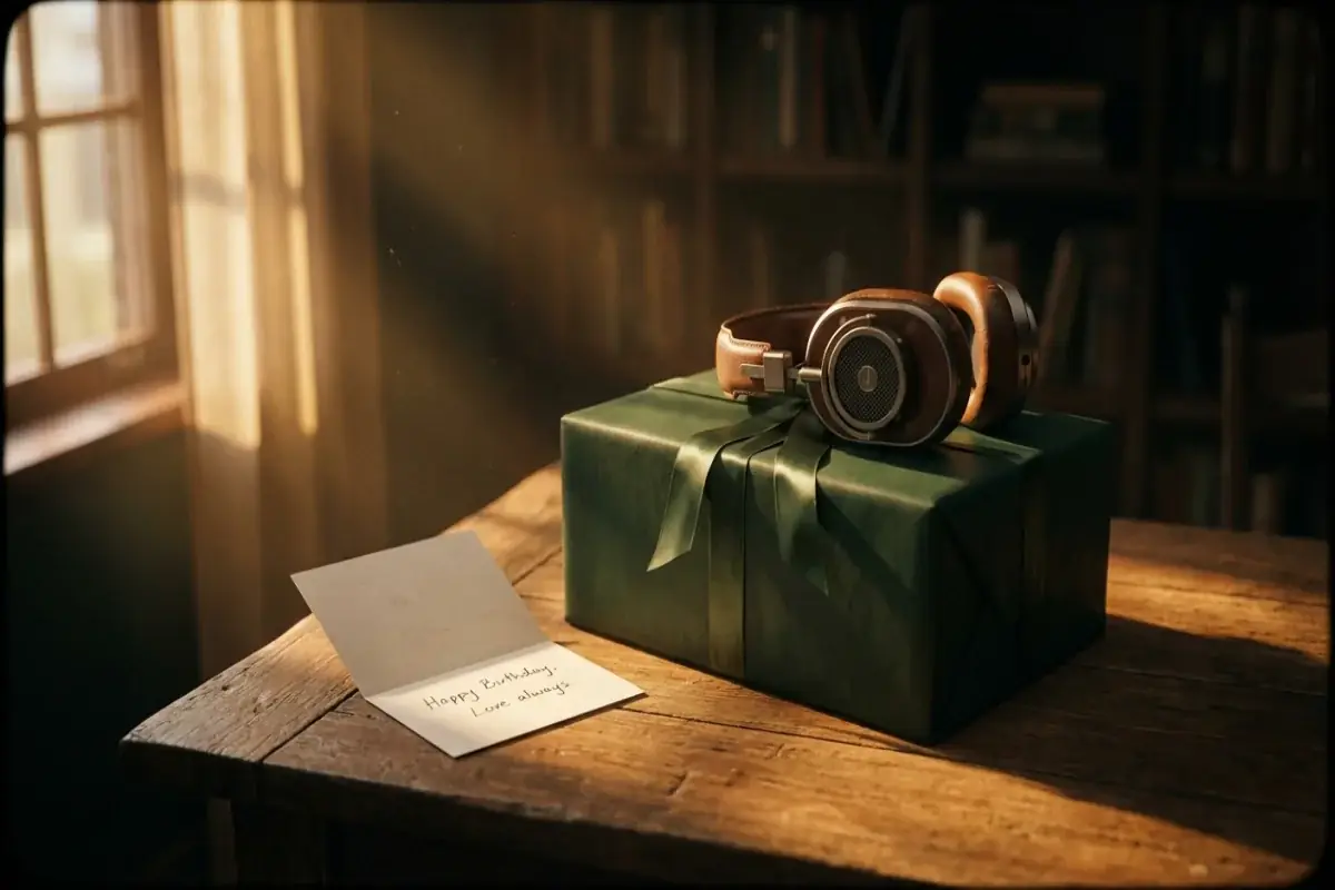 Gift box with headphones and personal card in warm golden sentimental birthday light