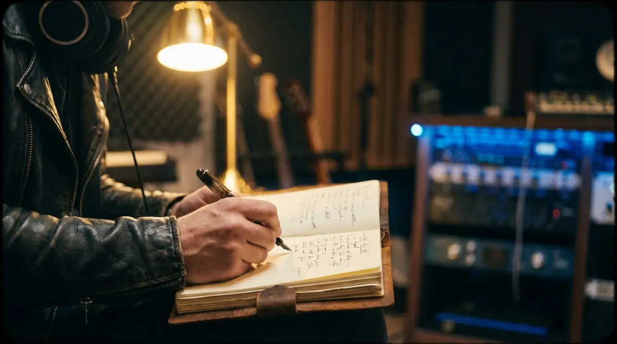 Person writing lyrics in a notebook with headphones around neck in a studio